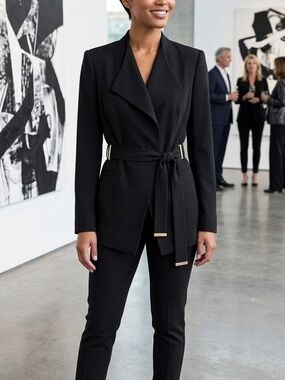 Calvin Klein Black Tailored Wrap Blazer with Gold Accents
